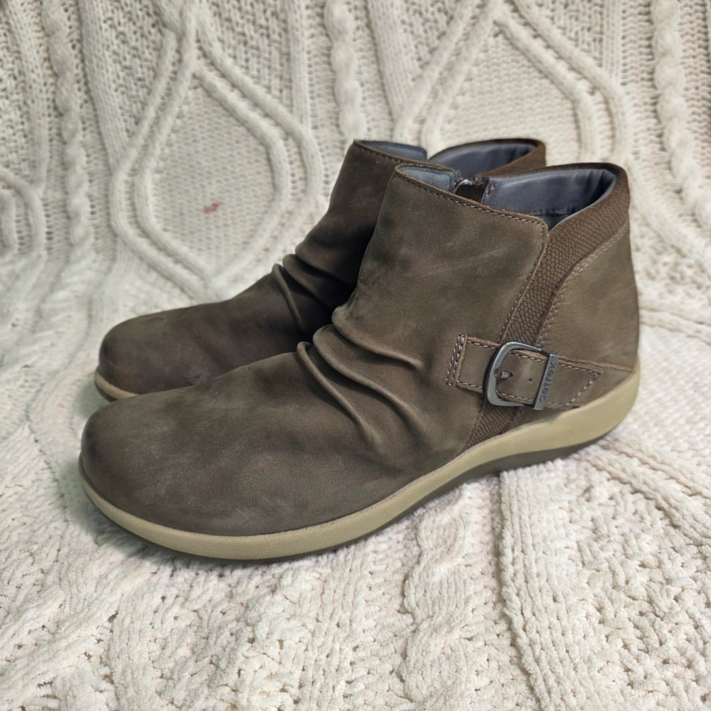 Aetrex Luna Ankle Boots Booties Brown Ruched Leather Orthopedic Women 39 8.5